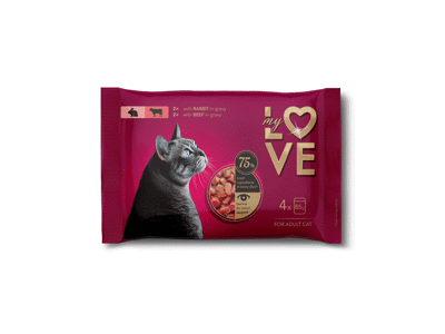 My Love visavertis konservuotas pašaras suaugusioms katėms su triušiena ir jautiena padaže, 4 x 85 g