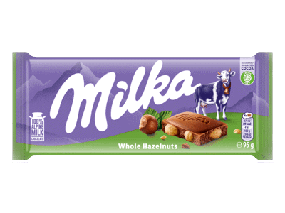 Pieninis šokoladas MILKA su neskaldytais lazdynų riešutais, 95 g
