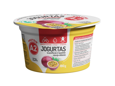 Jogurtas iš A2 pieno be laktoz. su pasiflorais, šalavijo sėklomis, 2,3% rieb., 180 g