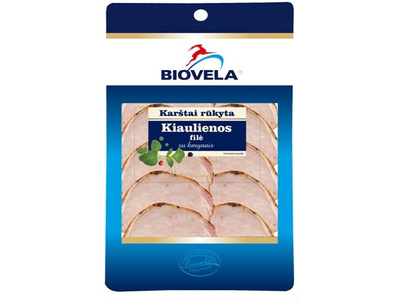 Karštai rūkyta kiaulienos filė BIOVELA, su kmynais, sudėtyje yra vandens, I rūšis, 250 g