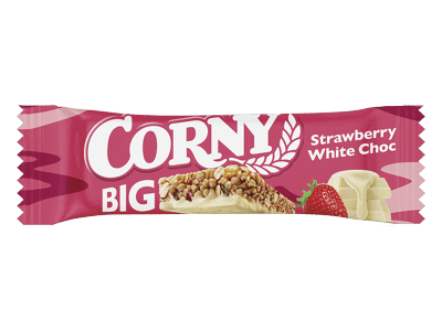 Javainių batonėlis su baltuoju šokoladu ir braškėmis CORNY, 40 g
