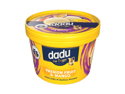 Vaniliniai ledai DADU su mangų gabaliukais, pasiflorų įdaru, 400 g
