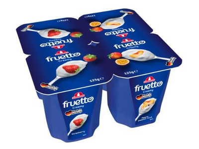 Rauginto pieno desertas FRUTO CREAMY, su braškėmis, persikais ir pasiflorais,125 g 4,7 % rieb