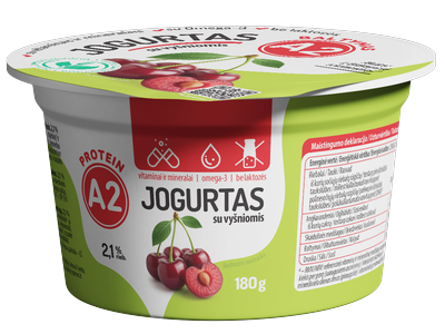 Jogurtas A2, be laktozės, su vyšniomis, 180 g