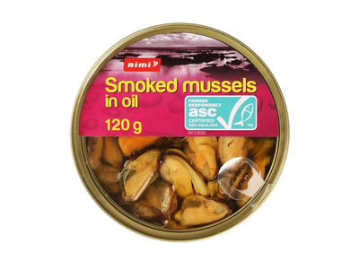 Rūkytos midijos aliejuje RIMI, 120 g/72 g ASC