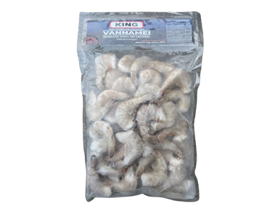 Šaldytos baltakojės blyškiosios krevetės, nevirtos, be galvų, su kiautais, EP,16-20, 25% glaz.,750 g
