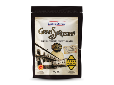 Kietasis sūris Grana Padano LATTERIA SORESSINA, Riserva, tarkuotas, brand. ne maž.20 mėn.,PDO, 90g