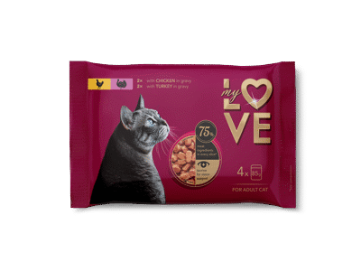 My Love visavertis konservuotas pašaras suaugusioms katėms su vištiena ir kalakutiena padaže, 4 x 85 g