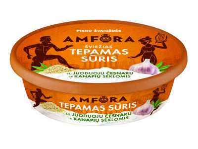 Tepamas sūris AMFORA su juoduoju česnaku ir kanapių sėklomis, 24 % rieb., 180 g 