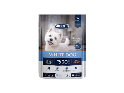 Mažų ir vidutinių veislių suaugusių baltakailių šunų sausas begrūdis pašaras su žuvimi ARDOUR White Dogs Grain Free, 1,5 kg