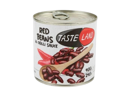 Konservuotos raudonosios pupelės TASTE LAND, čili padaže, 400 g/240 g