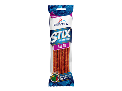 Karštai rūkytos lazdelės BIOVELA, BACON KABANOSSI, su šonine, a.r., 100 g
