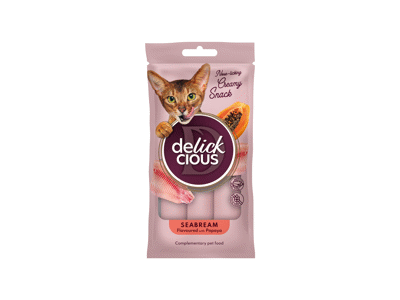 Delickcious™ Kreminiai skanėstai jūrų karšio skonio su papajomis. Pašaro papildas suaugusioms katėms, 60 gr
