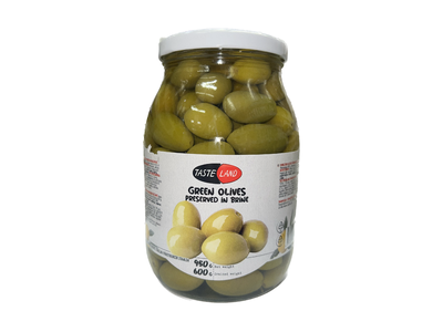 Didžiosios žaliosios alyvuogės TASTE LAND, su kauliukais, sūryme, 0,95kg/0,6kg