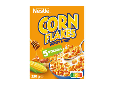 Sausi pusryčiai NESTLE CORN FLAKES su medumi ir riešutais, 350 g