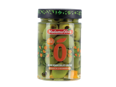 Graikiškos žaliosios alyvuogės be kauliukų su apelsino žievelėmis ir rozmarinu MADAMA OLIVA, 140 g 