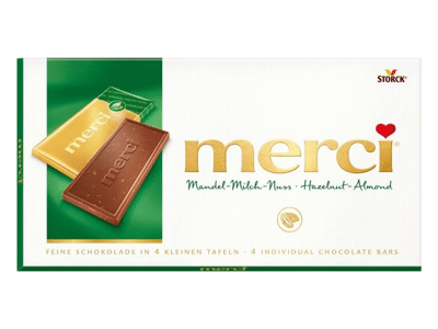 Pieninis šokoladas MERCI su lazdynų ir migdolų riešutais, 100 g