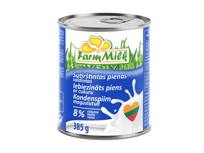 Saldintas sutirštintas pienas FARM MILK, 8 % rieb., 385 g