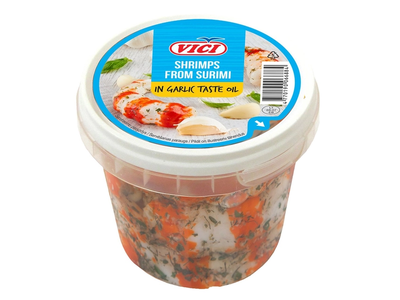 Didžiosios surimio krevetės VIČI česnakų sk. aliejuje, 320 g