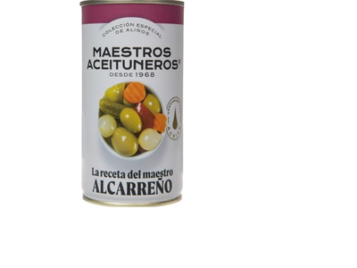 Žalios alyvuogės MAESTROS ACEITUNEROS, su raudonaisiais čili pipi., agurk., mork., svog., 350g/185 g