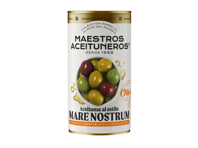 Žaliosios ir juodosios alyvuogės su kauliukais MAESTROS ACEITUNEROS, „Mare Nostrum“ skonio, 350/185
