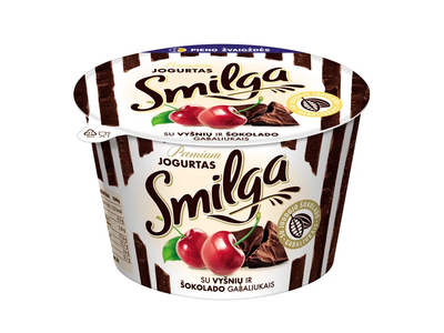 Jogurtas su vyšnių ir šokolado gabaliukais 4,5%, SMILGA PREMIUM, 200 g