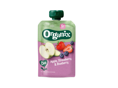 Ekologiška tyrė su braškėmis, obuoliais ir mėlynėmis ORGANIX nuo 6 mėn. 100g