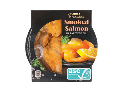 Rūkyta lašiša rapsų aliejuje BILLA PREMIUM, 120 g