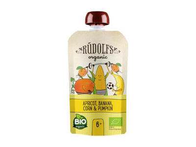 Ekologiška kukurūzų, moliūgų tyrelė RŪDOLFS su bananais, abrikosu, nuo 6 mėn.
