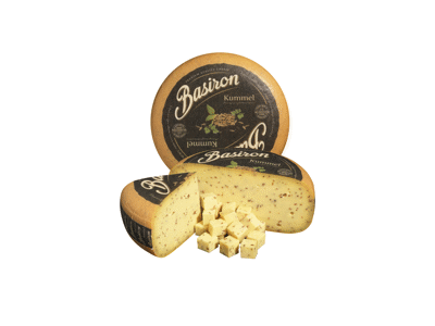Puskietis sūris su kmynais BASIRON, 50 % rieb. s. m., 1 kg