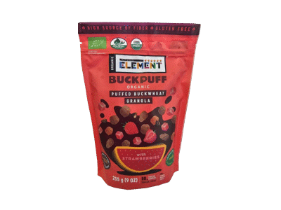 Ekologiška pūstų grikių granola BUCK PUFF su braškėmis, 255 g