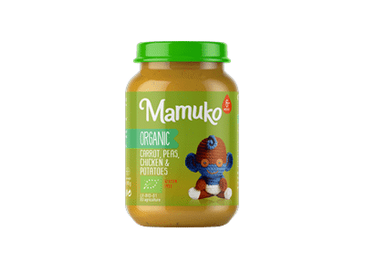 Ekologiška morkų, žirnelių, vištienos ir bulvių košė kūdikiams,MAMUKO, 190g, 6+