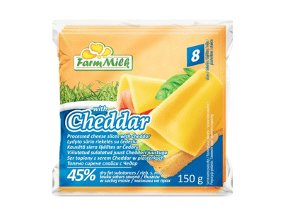 Lyd. sūris su čederiu FARM MILK, riekelės, 45 % rieb. s. m., 150 g