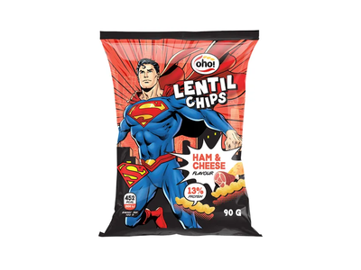 Raudonųjų lęšių traškučiai OHO Superman, kumpio ir sūrio skonio, 90g