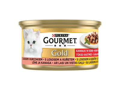 Kons. visavertis kačių ėdalas GOURMET GOLD su lašiš., višt., 85 g