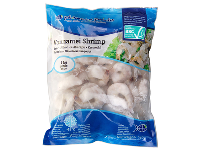 Šaldytos baltakojės blyškiosios krevetės, nevirtos, luptos, su uodega, 16/20, 25% glazūros, 750 g