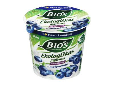 Ekologiškas jogurtas be laktozės BIOS su mėlynėmis, 3,1 % rieb., 125 g