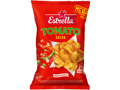 Bulvių traškučiai ESTRELLA, vingiuoto pjaustymo, aštraus pomidorų skonio, 250 g
