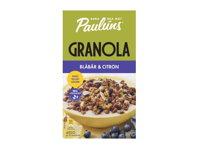 Granola PAULUNS su mėlynėmis, citrinų aliejumi ir kokosais, 450 g