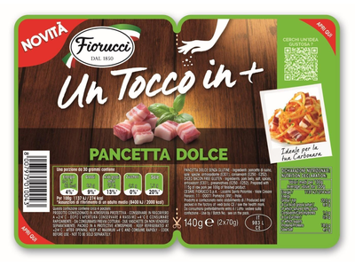 Vytinta kiaulienos šoninė FIORUCCI, Pancetta di suino, kubeliais, a.r., 2x70g