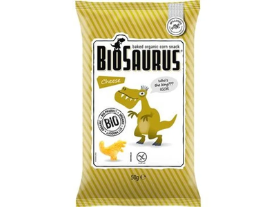 Ekologiški kepti kukurūzų traškučiai su sūrio prieskoniais BIOSAURUS, 50 g