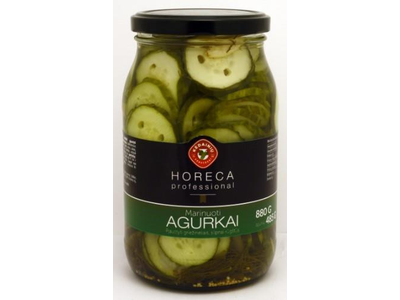 Marinuoti agurkai KĖDAINIŲ horeca professional, pjaustyti griežinėliais, 880 / 485 g