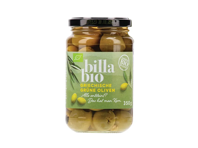 Ekologiškos žaliosios alyvuogės sūryme be kauliukų BILLA BIO, 350 g