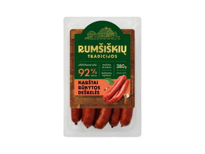 Karštai rūkytos klasikinės dešrelės RUMŠIŠKIŲ TRADICIJOS, aukščiausia rūšis, 380 g