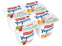Jogurtas YOGINOS su braškėmis, persikais ir pasiflorais, 0,1%,  pakuotę sudaro 4 vnt.x100 g.