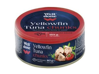 Gelsvauodegių tunų gabaliukai pomidorų padaže WELL DONE, 185 g