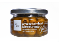 Marinuotos žaliosios alyvuogės SKANOVĖ, be kauliuko, su medumi ir laimu, 200g
