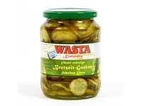Marinuotų agurkėlių griežinėliai, su cukrumi ir  saldikliu,670 g /360g