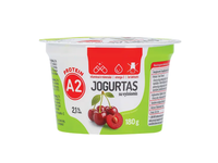Jogurtas iš A2 pieno be laktozės su vyšniomis, vitaminais, mineralais ir omega-3 riebalų rūgštimis 2,1% rieb., 180g