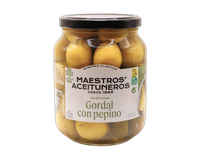Žaliosios alyvuogės Gordal be kauliukų, MAESTROS ACEITUNEROS, su marinuotais agurkėliais, 700/300 g